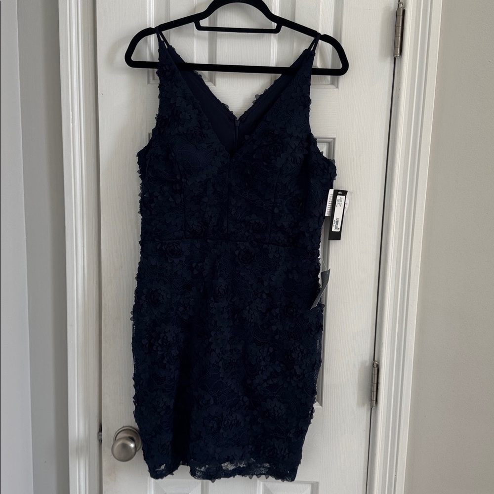 NWT Xscape Navy Lace  Dress w/ Navy Fabric Flowers Throughout - Picture 3 of 13